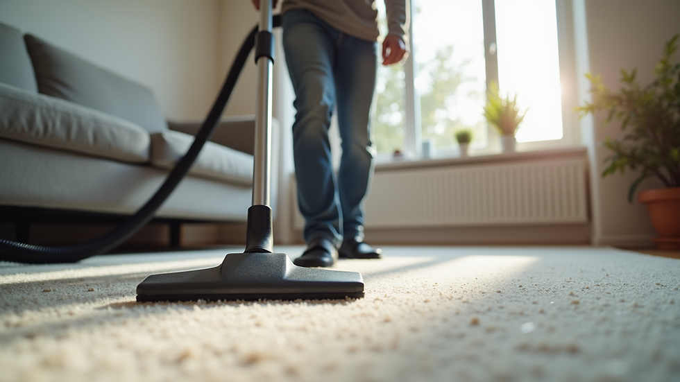 Eye-level view of a professional cleaner vacuuming a modern living room carpet