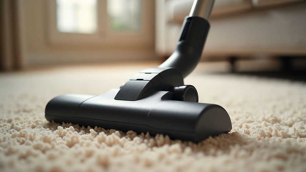 Close-up view of a vacuum cleaner head on a beige carpet