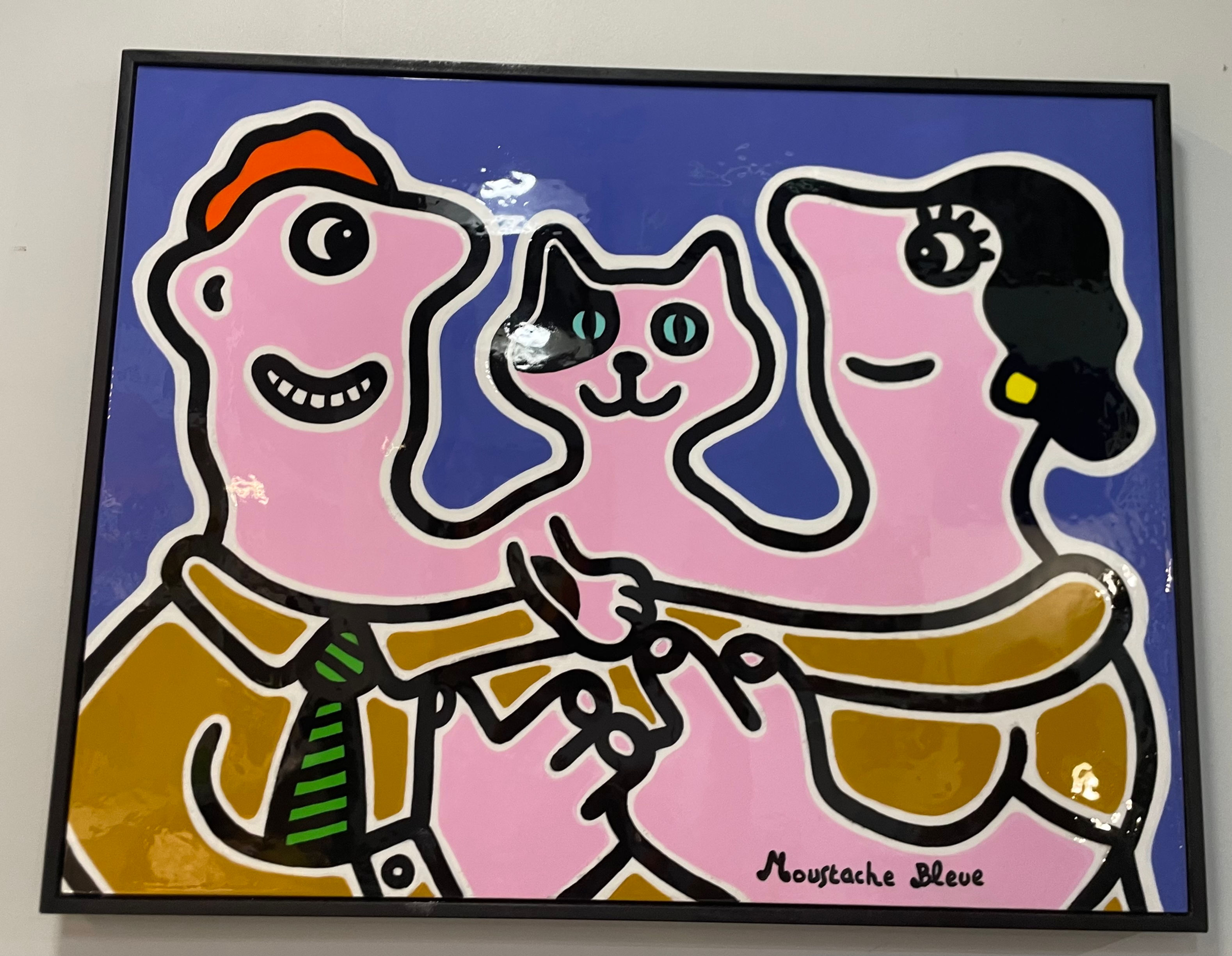 MOUSTACHE BLEUE TABLEAU COUPLE ET LEUR CHAT