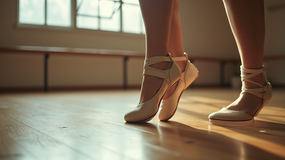 Close-up view of dance shoes on a wooden floor in a dance studio