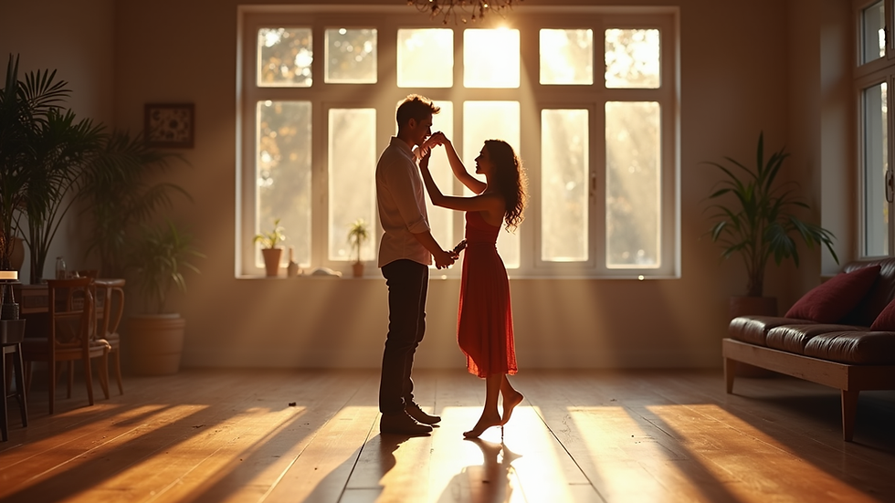Eye-level view of a couple practicing dance steps in a cozy studio
