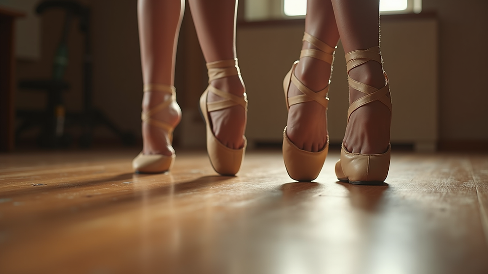 Close-up view of dance shoes on a polished wooden floor in a studio