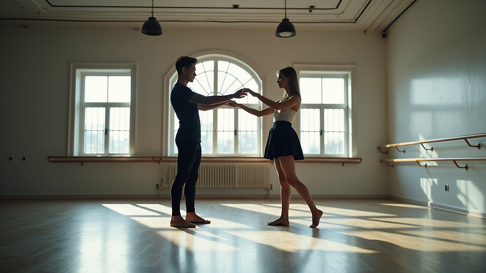 Eye-level view of a couple practicing dance frame and posture in a studio