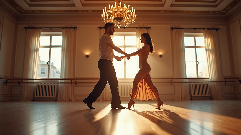 Eye-level view of a dance studio with a couple practicing ballroom steps