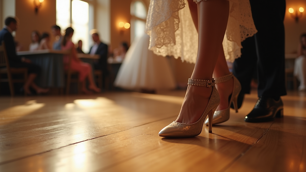 Close-up view of dance shoes on a wooden floor during a wedding dance lesson