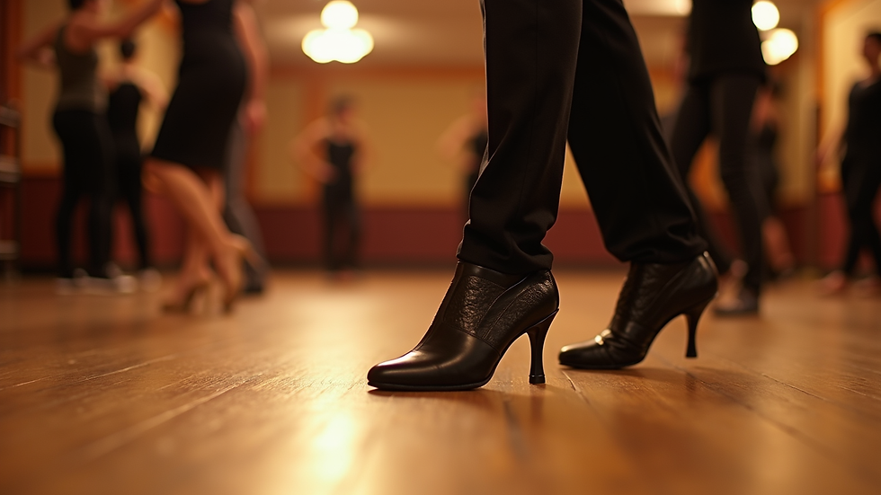 Close-up view of dance shoes on a wooden floor during a salsa class