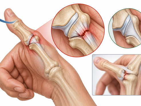Illustration of a ligament injury at the thumb's metacarpophalangeal joint.