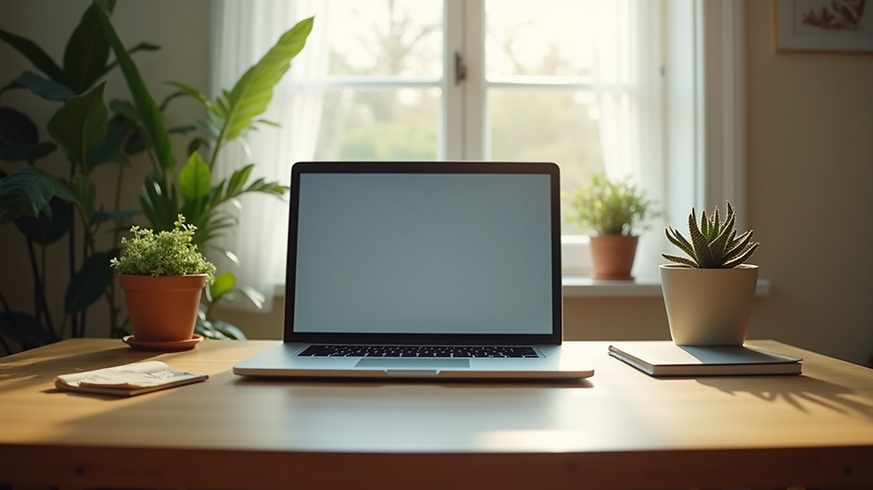 Eye-level view of a cozy home office setup with a laptop and plants