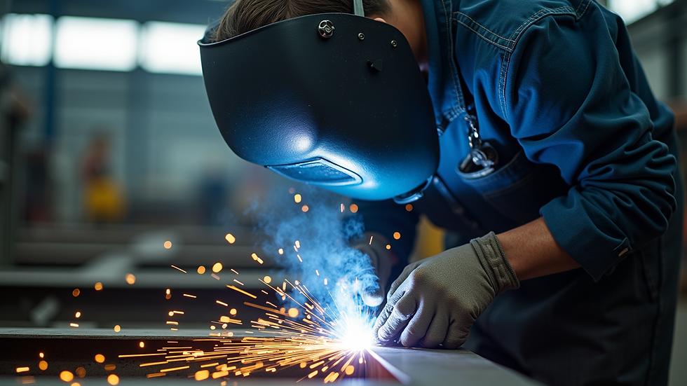 Eye-level view of a welding technician working on a metal structure