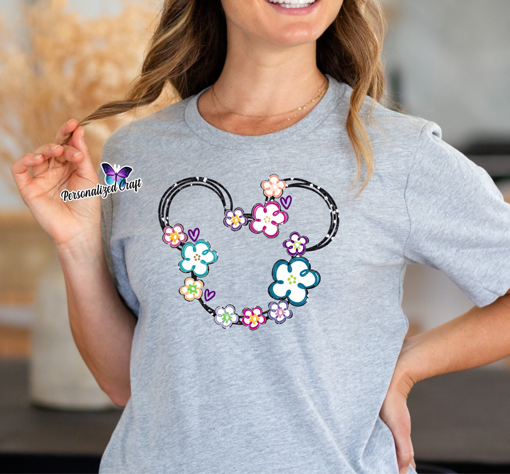 Minnie Mouse Glitter Head with Colorful Flower Gray Shirts, Unique Disney Tee