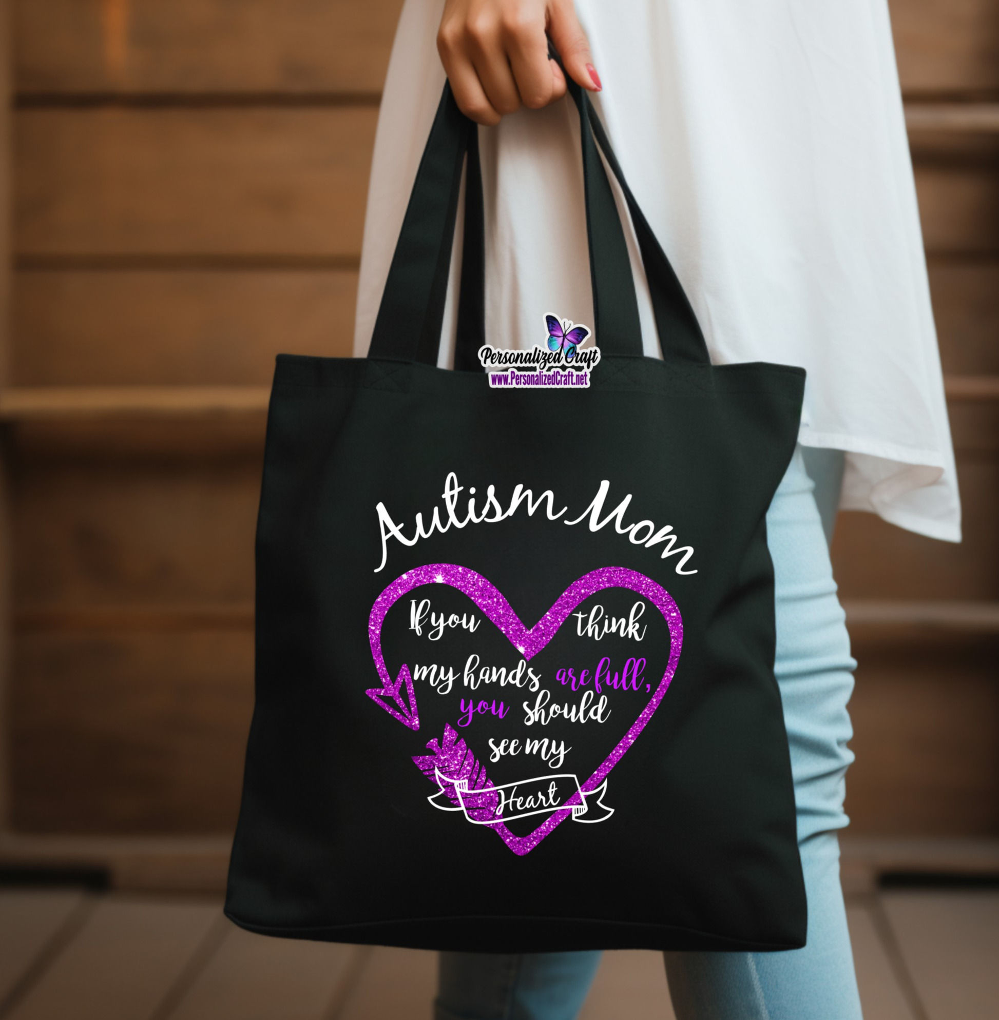 Autism ~  If You Think My Hands Are Full You Should See My Heart, Black Canvas Tote