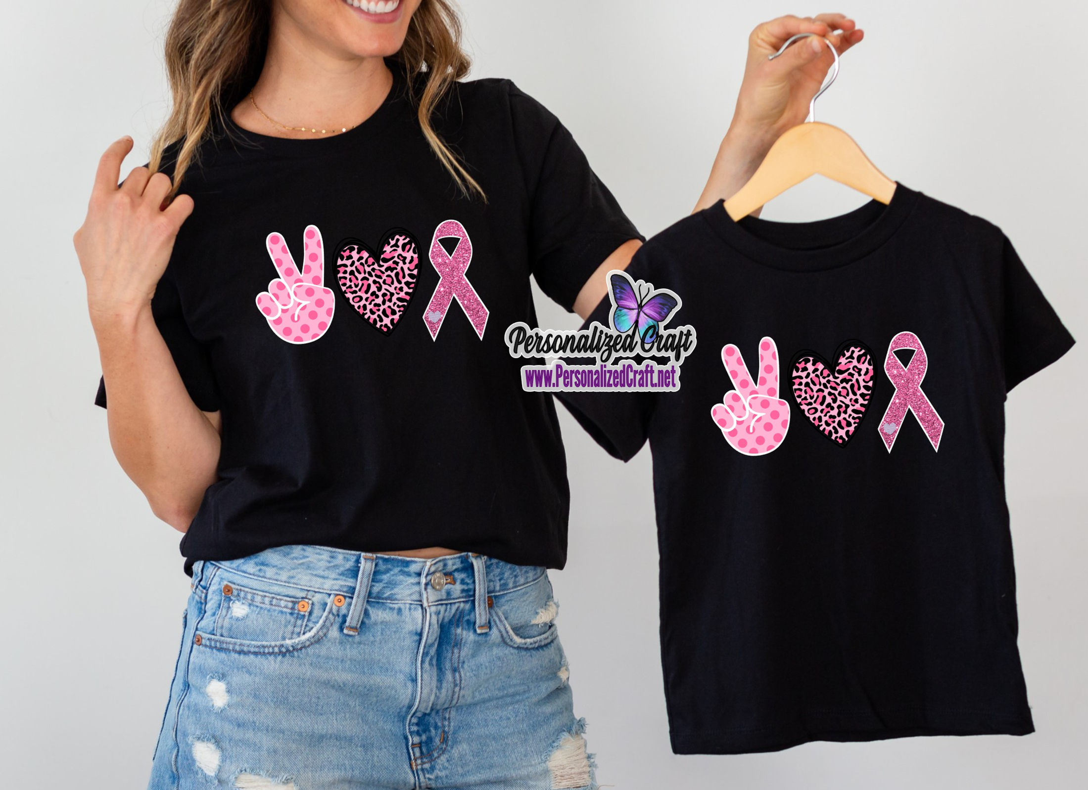 Mommy and Me - Peace Love Cancer Survivor Family Black Shirts, Pink Sparkle Ribbon October Awareness