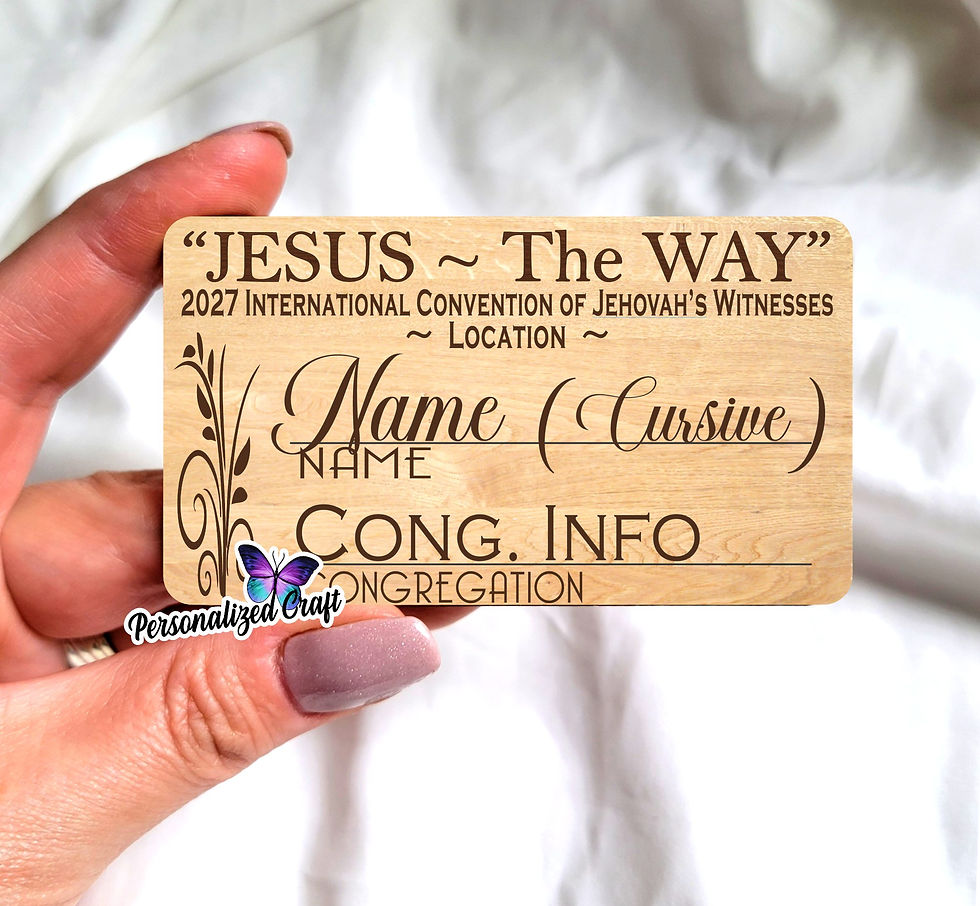 Thumbnail: JW 2027 Jesus ~ the Way Engraved International Convention Wood Name Badge Tag, Fancy Flower