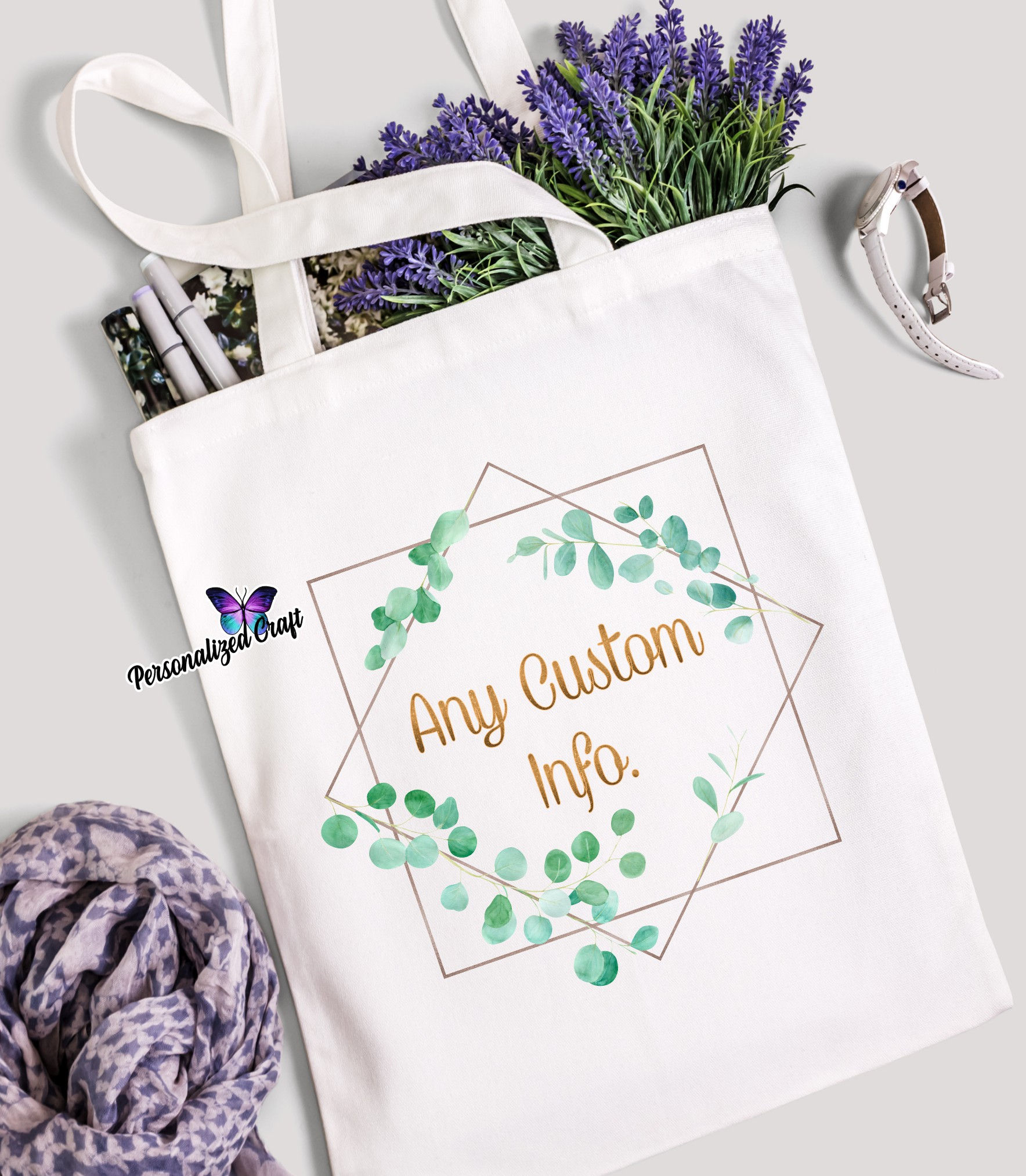 Eucalyptus Leaves Frame Canvas Tote White Bag, Simple Gift for Friend