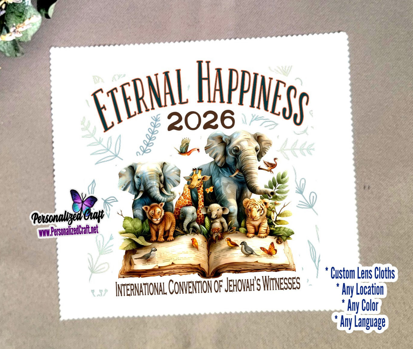 JW 2026 Eternal Happiness International Convention Lens Cloth, Jungle Animals