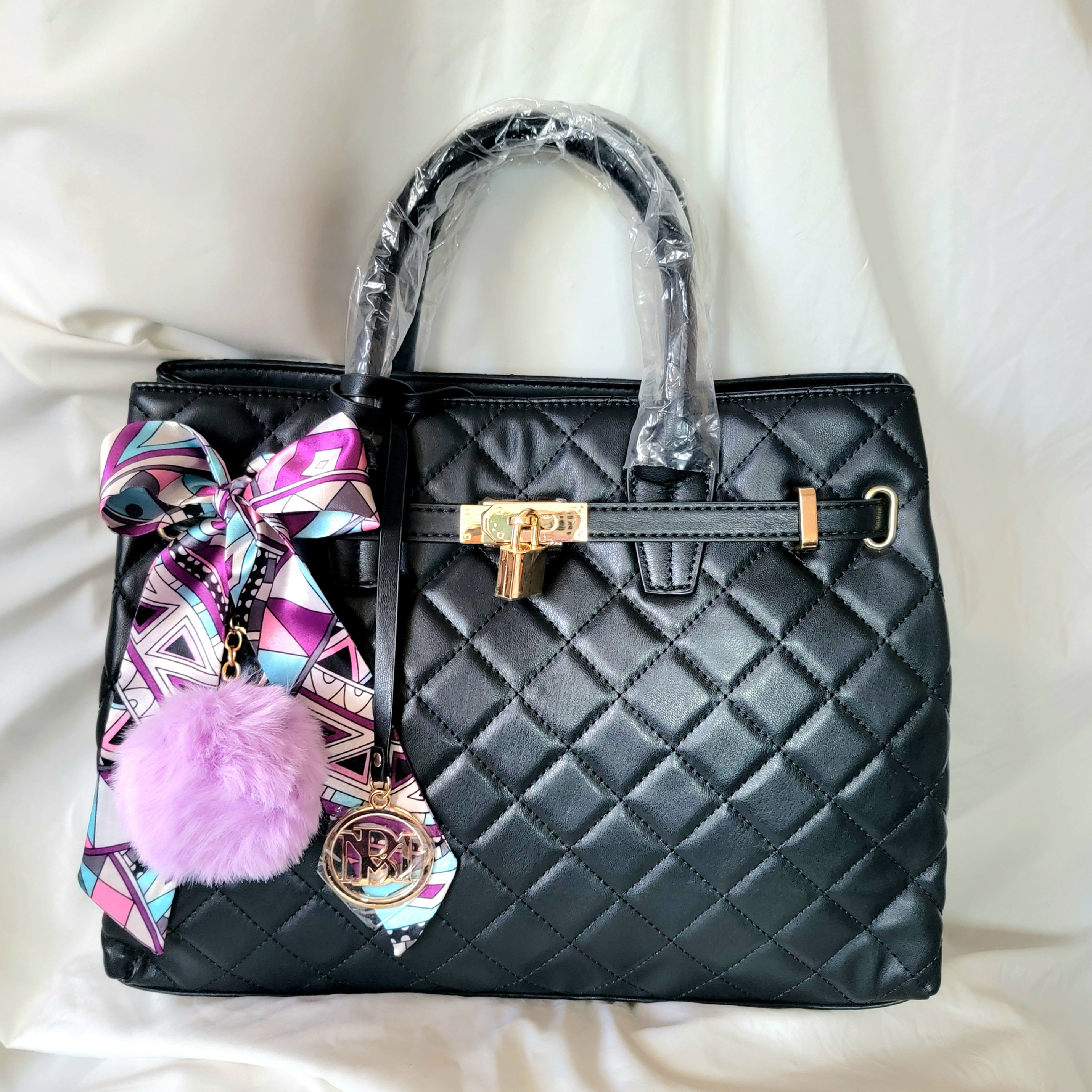 Badgley Mischka Medium Diamond Quilted Tote Bag, Bow & PomPom ~ NWT