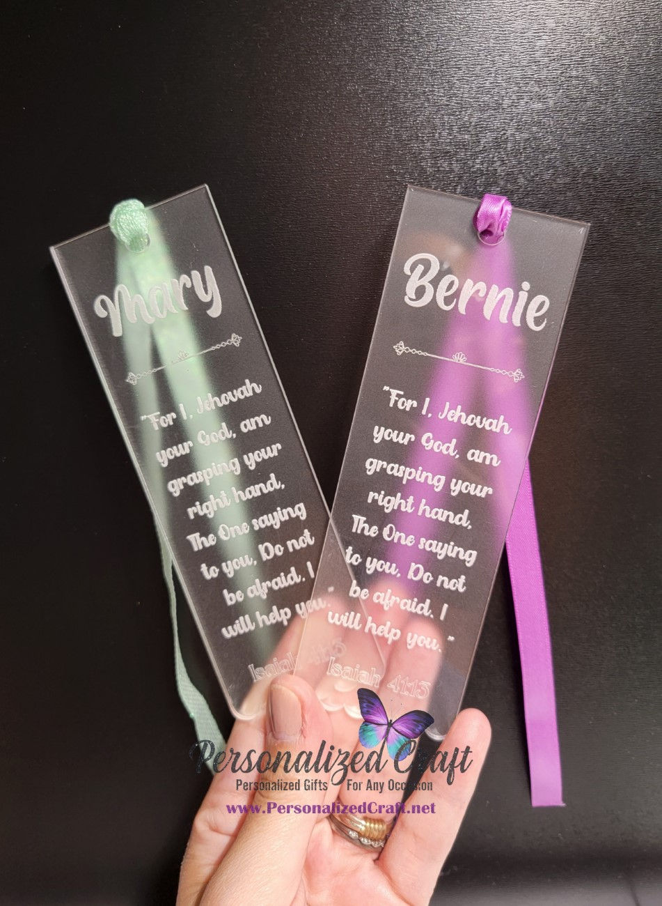 Thumbnail: JW Scripture Bookmark Gift, Hebrews 13:6, Engraved Clear Acrylic Bookmark w/ Ribbon