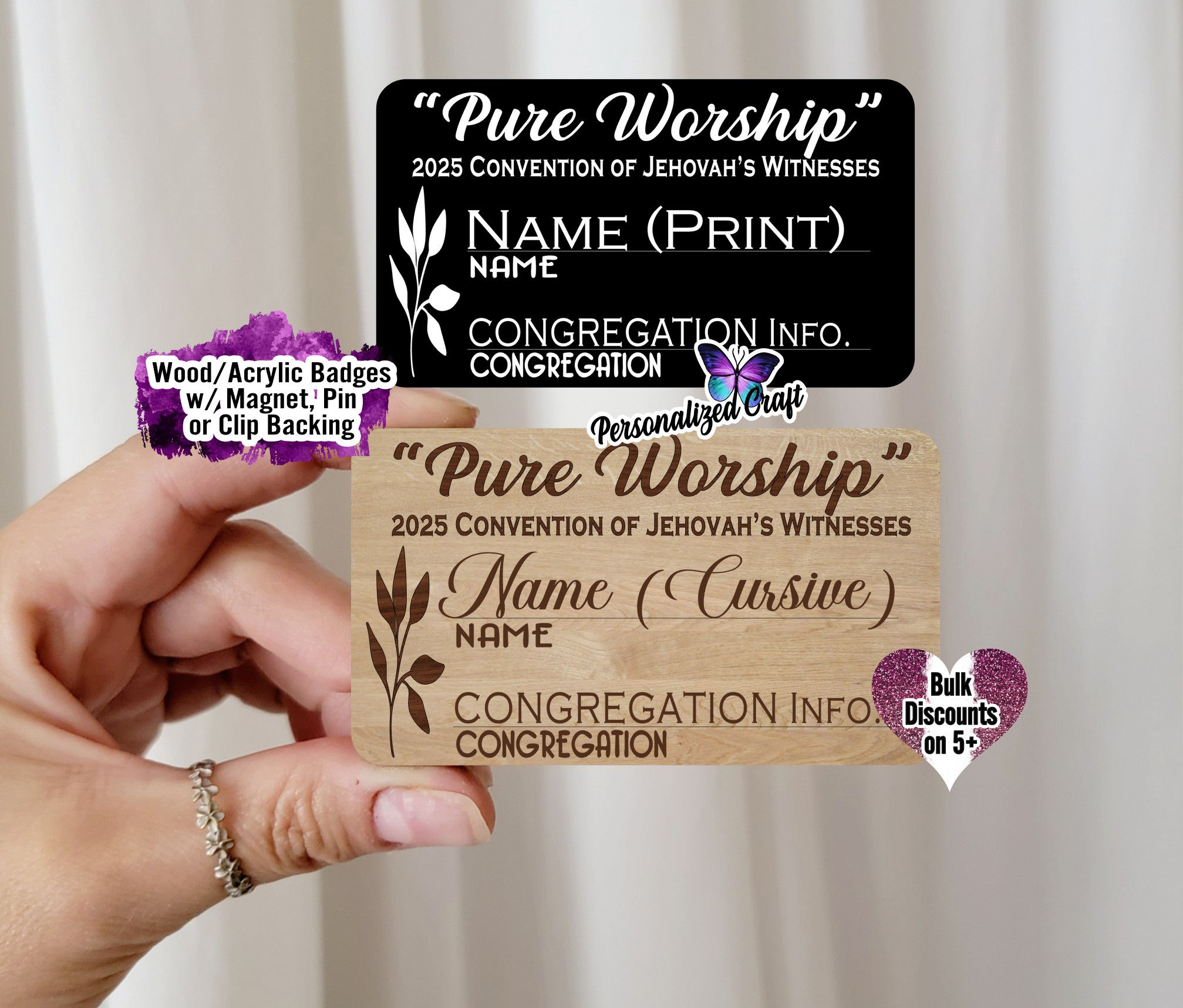 JW 2025 Pure Worship Convention Wood Name Badge Tag, Engraved Simple Flower