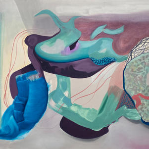Many Interpretations, oils and spray paint on primed canvas on birch wood, 100 cm x 125 cm.