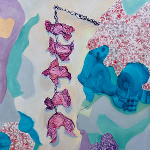 Many Possible Realities, oils and spray paint on primed canvas, 160 cm x 122 cm.