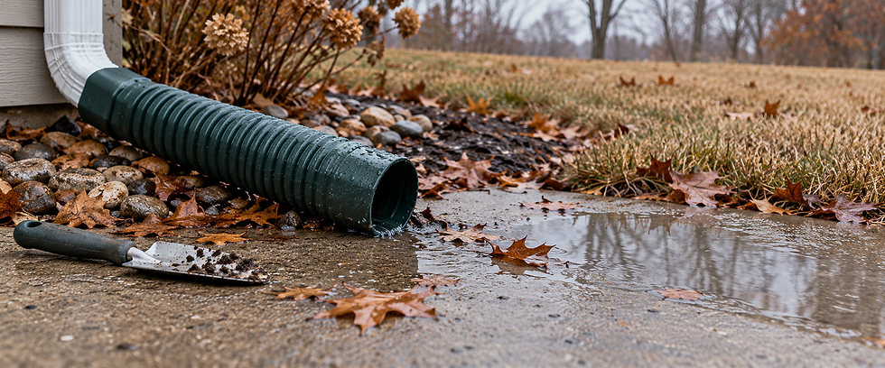 AI-generated concept image of a downspout extension, a garden trowel and autumn leaves beside a rain puddle; not a Divine project photograph.