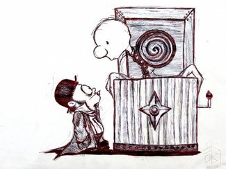 Pen sketch of Mr. Clementine peeking out of his box at a short man in bowler hat, treach coat and tie by Mia Natas.