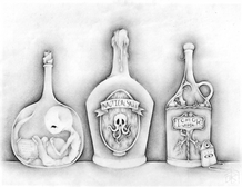 Gothic Halloween bottles and jars of potions tonics remedies and home-brews.