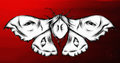 Black and white moth with eyes on its wings by against a red shaded by background digital art by Njos the Alchemist