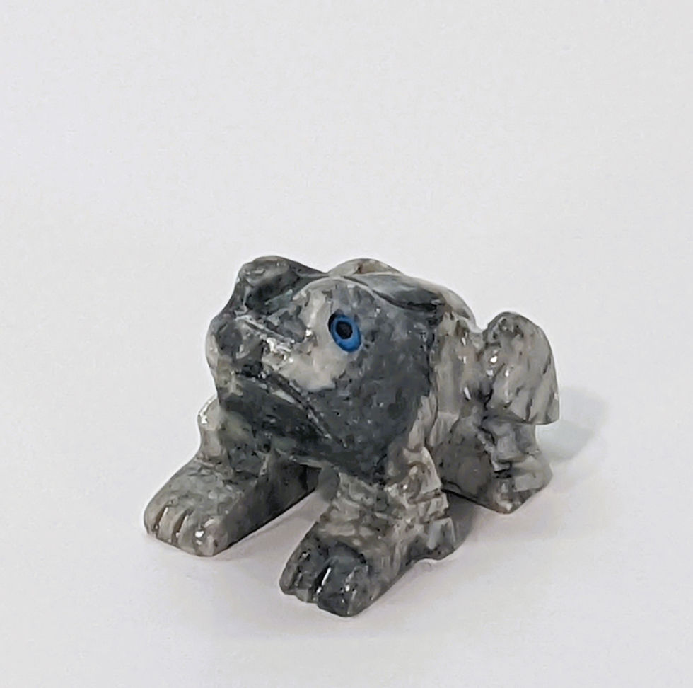Thumbnail: Miniature soapstone Goliath frog carving, representing strength, growth, and big leaps.