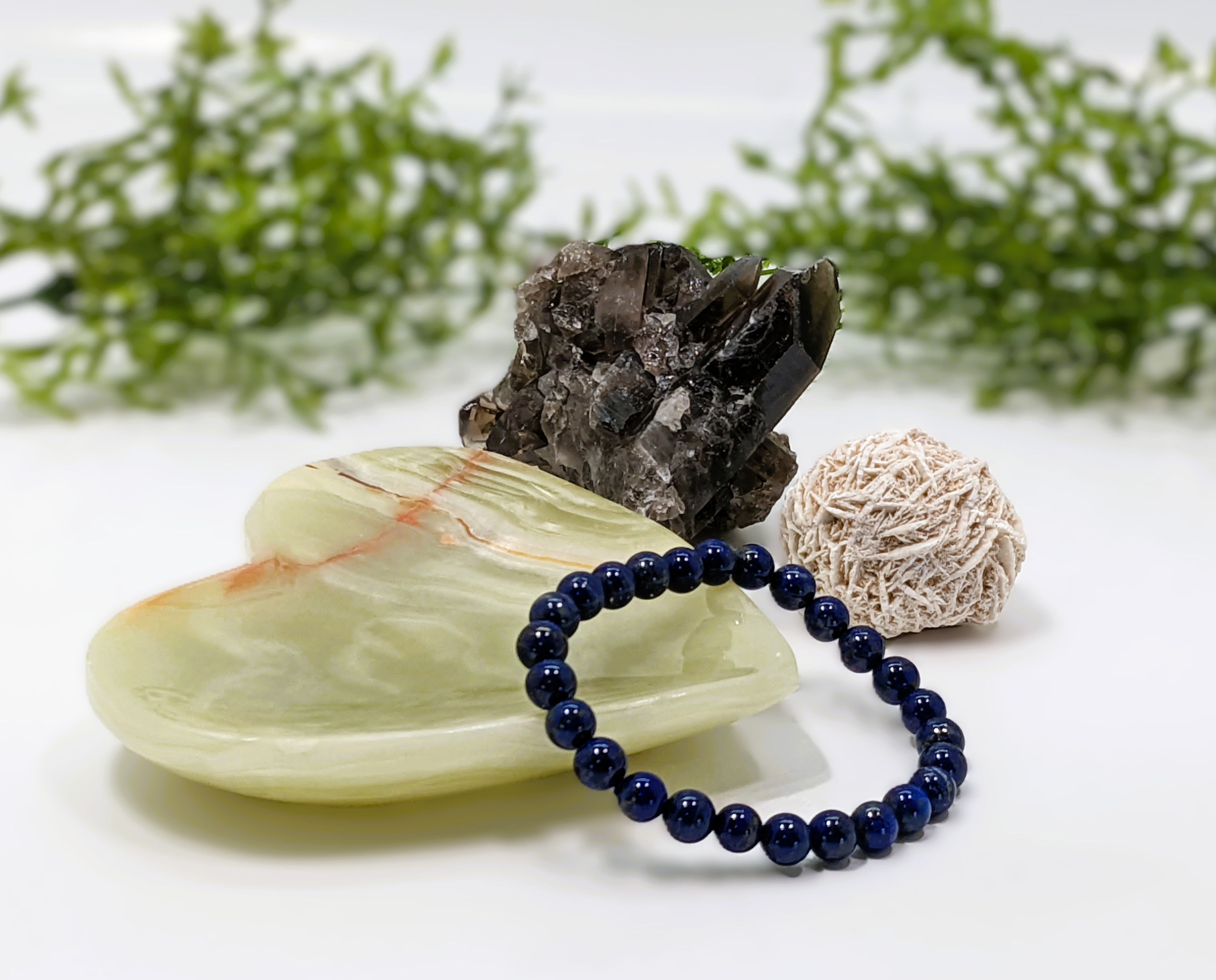 Lapis Lazuli bracelet, Onyx heart dish, Smoky Quartz cluster, Desert Rose single