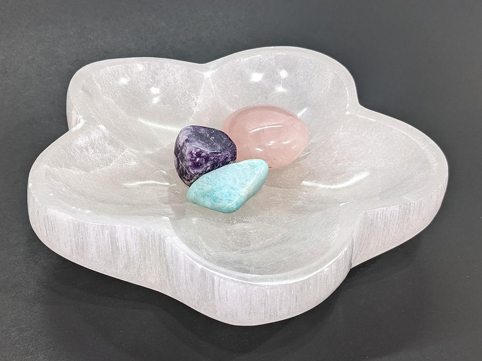 Thumbnail: Selenite Flower Bowl with Amazonite, Lepidolite, Rose Quartz for emotional healing balance. Makes a great gift