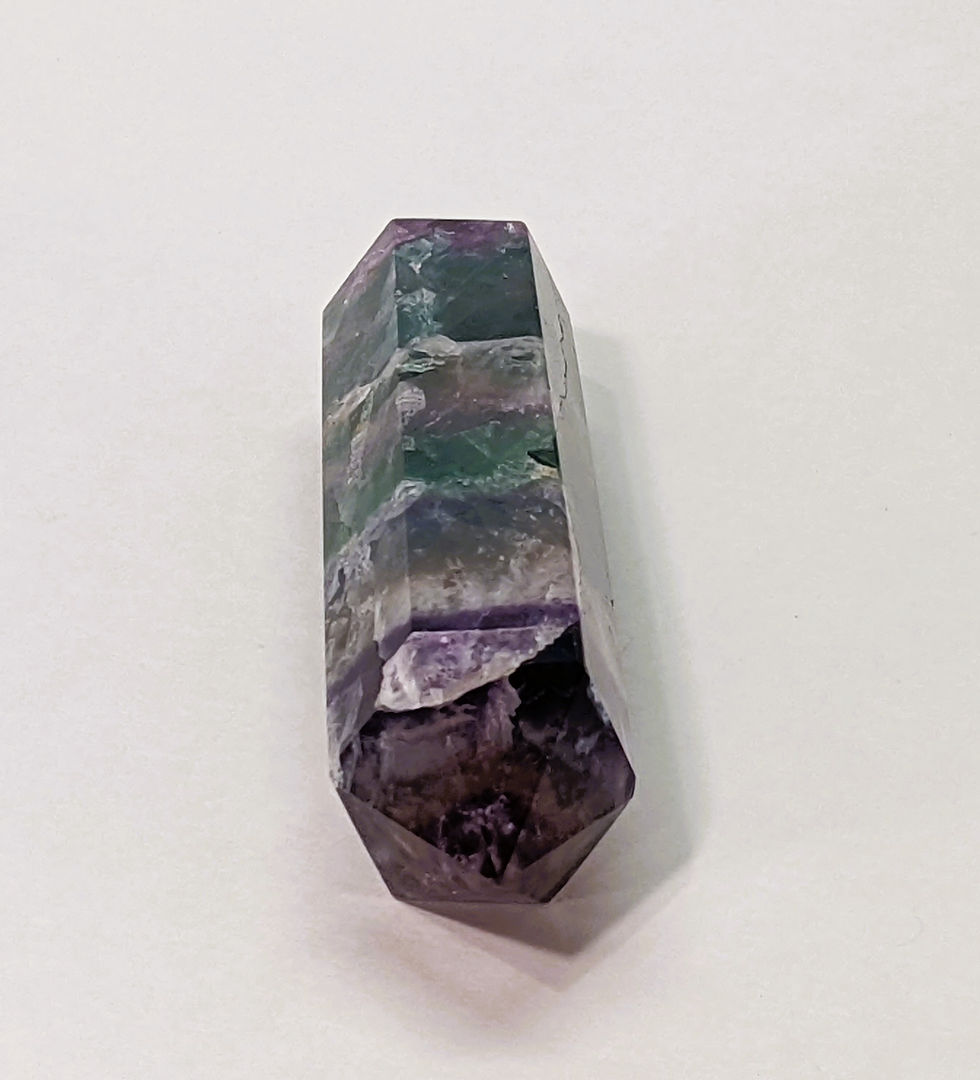 Thumbnail: Polished double terminated Rainbow Fluorite point showcasing vibrant multi-colored bands.