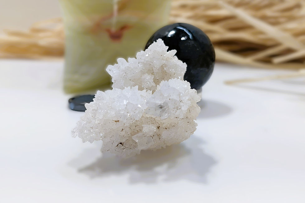 Thumbnail: White Aragonite, Triple Protection Bracelet, Nuumite Sphere, Onyx Merkaba, and Hematite Ring