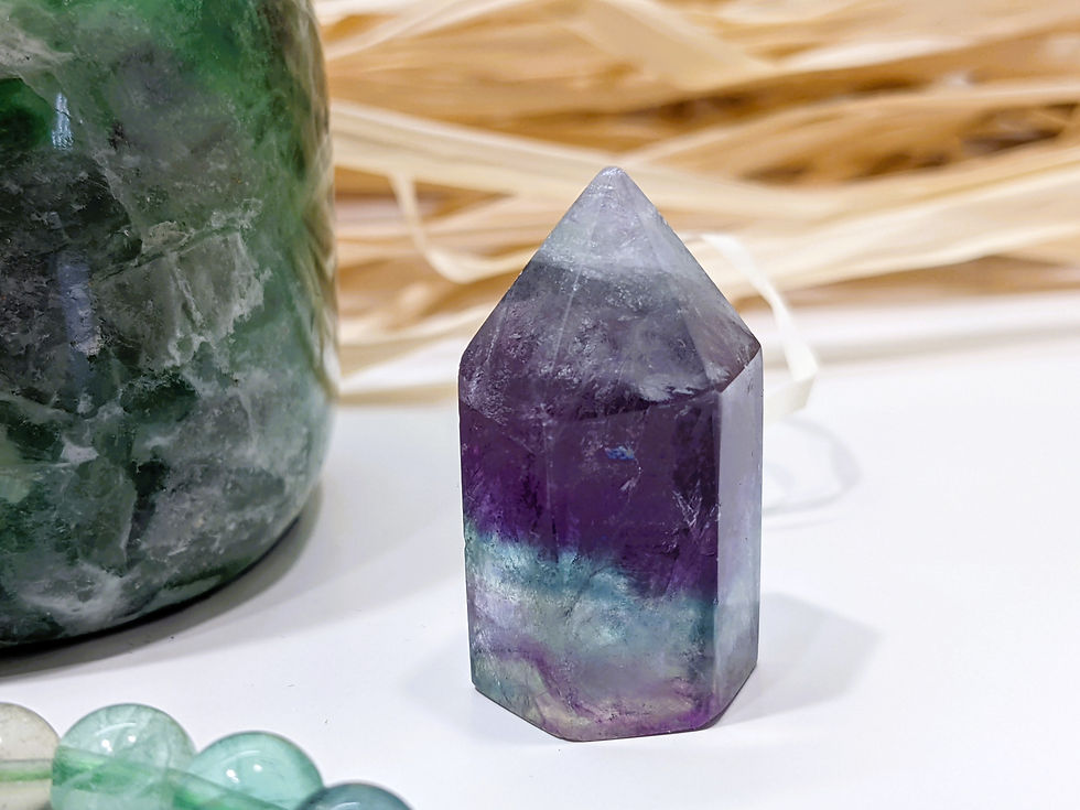 Thumbnail: Fluorite tealight, Rainbow Fluorite bracelet, Fluorite ring, polished Fluorite, and Fluorite tower