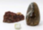 Polychrome Jasper, Vanadinite specimen, and Pistachio Calcite