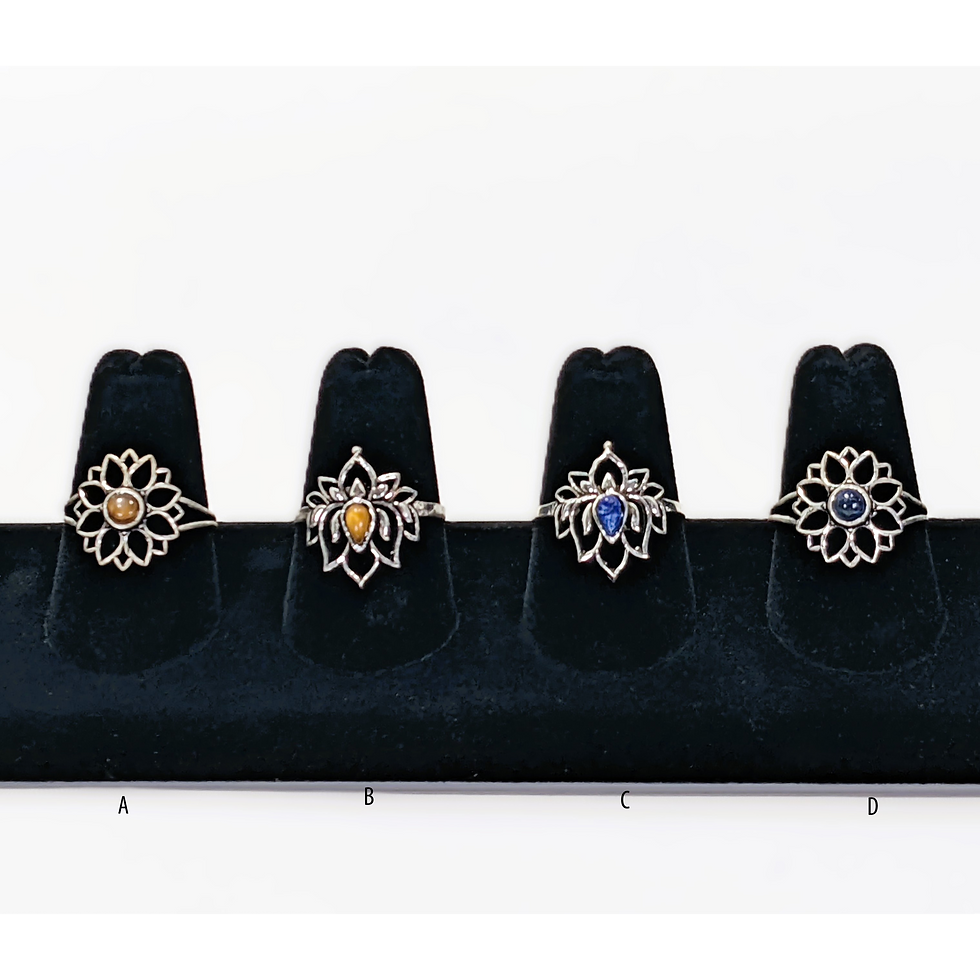gemstone rings in silver plate with lotus or flower designs