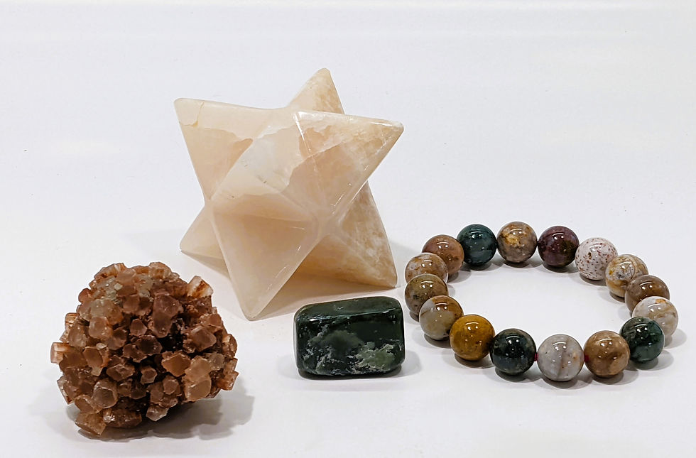 Thumbnail: Sputnik Aragonite, Jade tumble, Jasper bracelet, Honey Calcite Merkaba