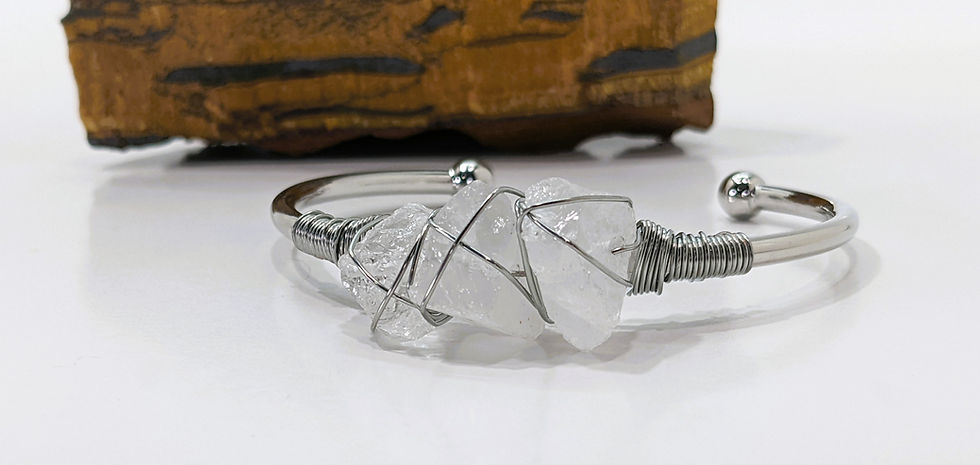 Thumbnail: Clear quartz rough cuff bracelet with 18k white gold with three quartz crystals.