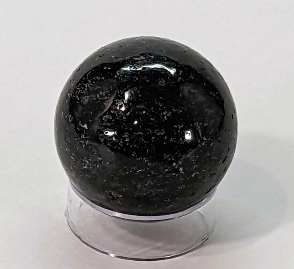 Thumbnail: Natural Nuumite crystal sphere showcasing shimmering dark patterns and reflective mineral highlights.