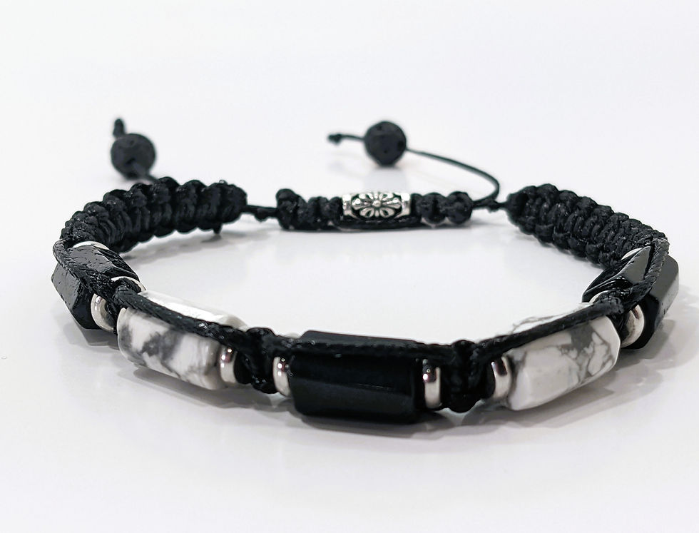 Thumbnail: Adjustable gemstone bracelet with Black Tourmaline and White Howlite beads, tassel cord style for protection and calm.