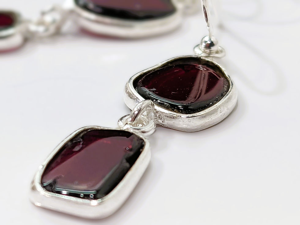 Sterling silver dangle earrings, deep red Garnet gemstones.