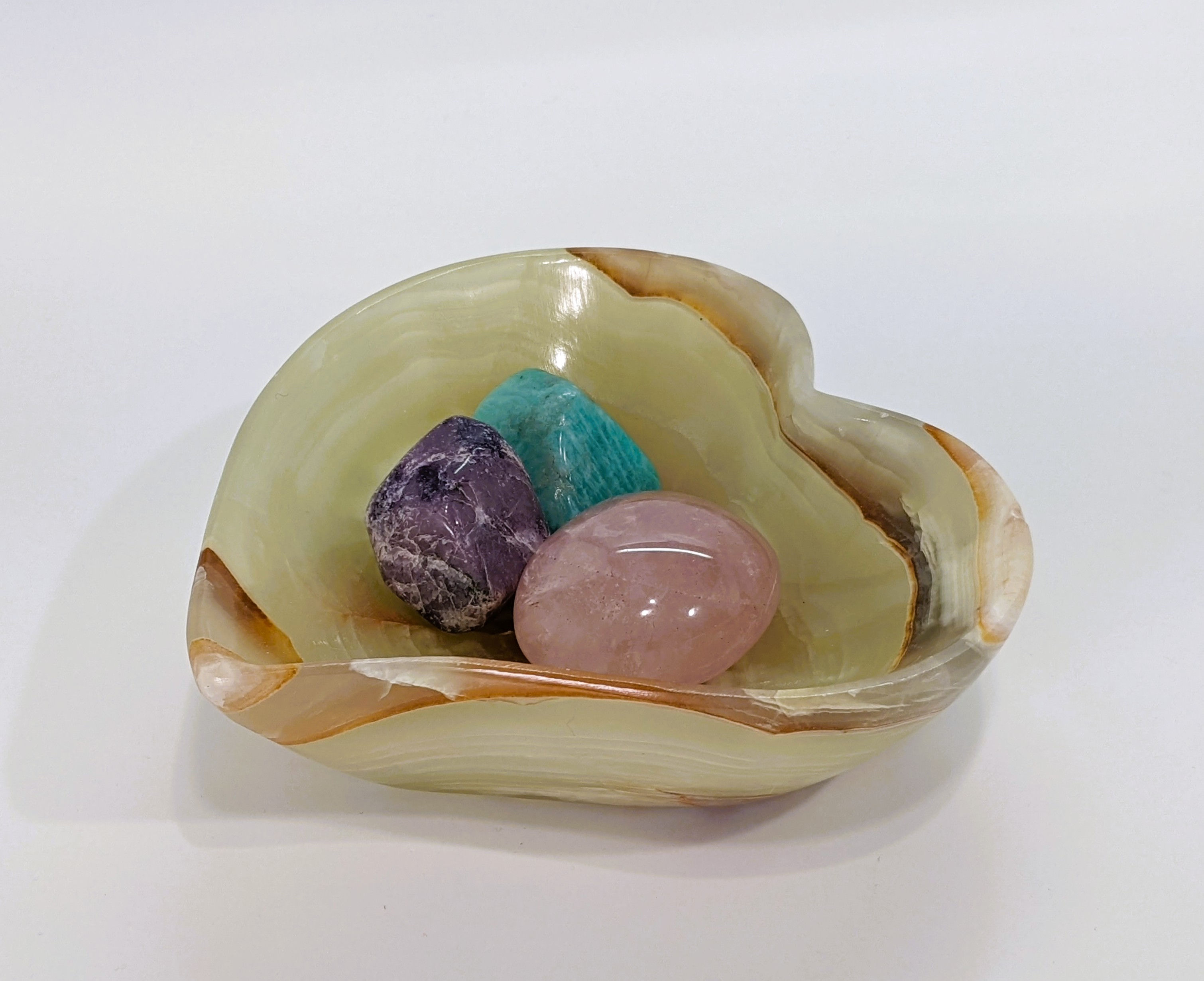 Onyx Heart Bowl with Amazonite Tumble, Lepidolite Tumble, and Rose Quartz Palm, emotional healing and balance. Makes a great