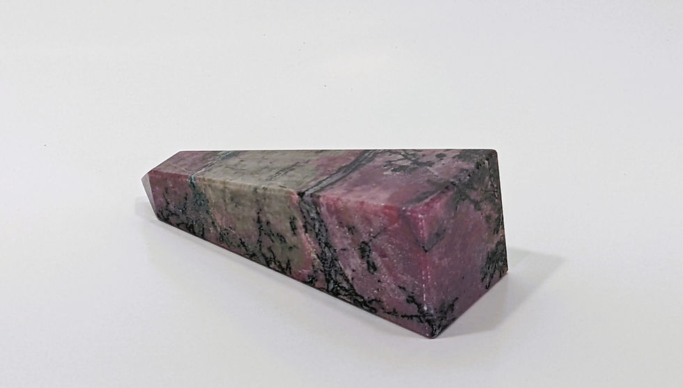 Thumbnail: Rhodonite Obelisk showing swirling pink and black patterns