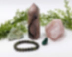 Rose Quartz rough, Rhodonite tower, Dragon Bloodstone bracelet, Prehnite, and Malachite tumble