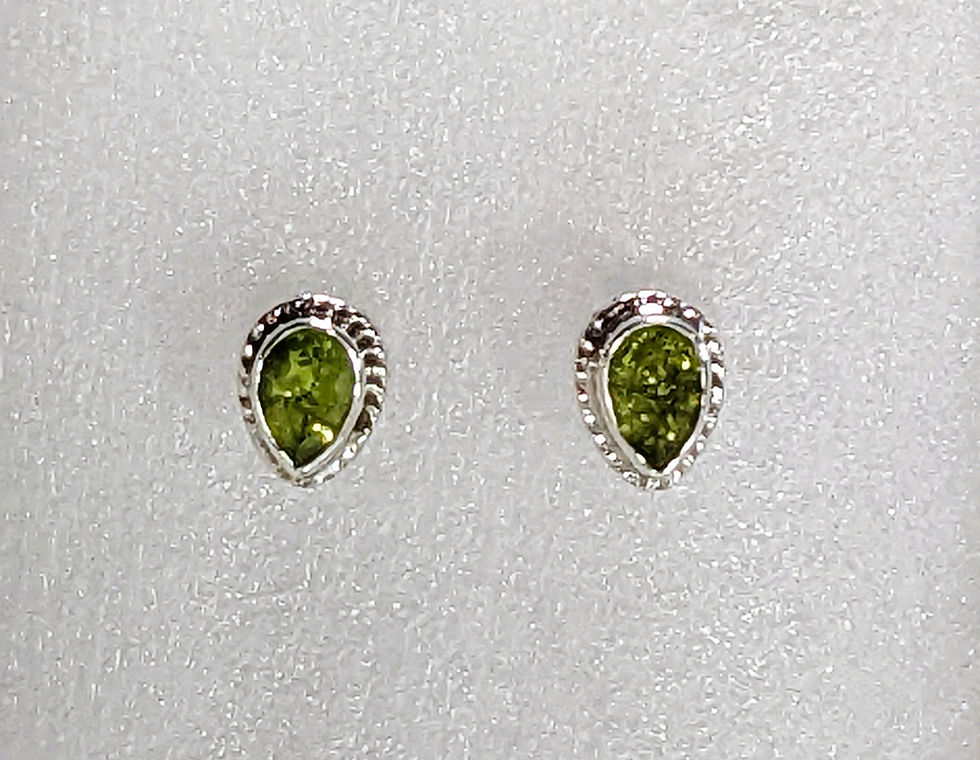Sterling silver teardrop stud earrings featuring Black Onyx, Peridot, and Amethyst gemstones.