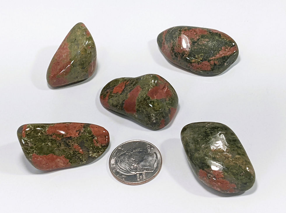Thumbnail: Polished Unakite stone in pink and green tones.