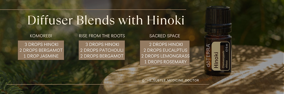 Essential oil bottle on a sunlit table beside diffuser blend recipes labeled Komorebi, Rise from the Roots, and Sacred Space.