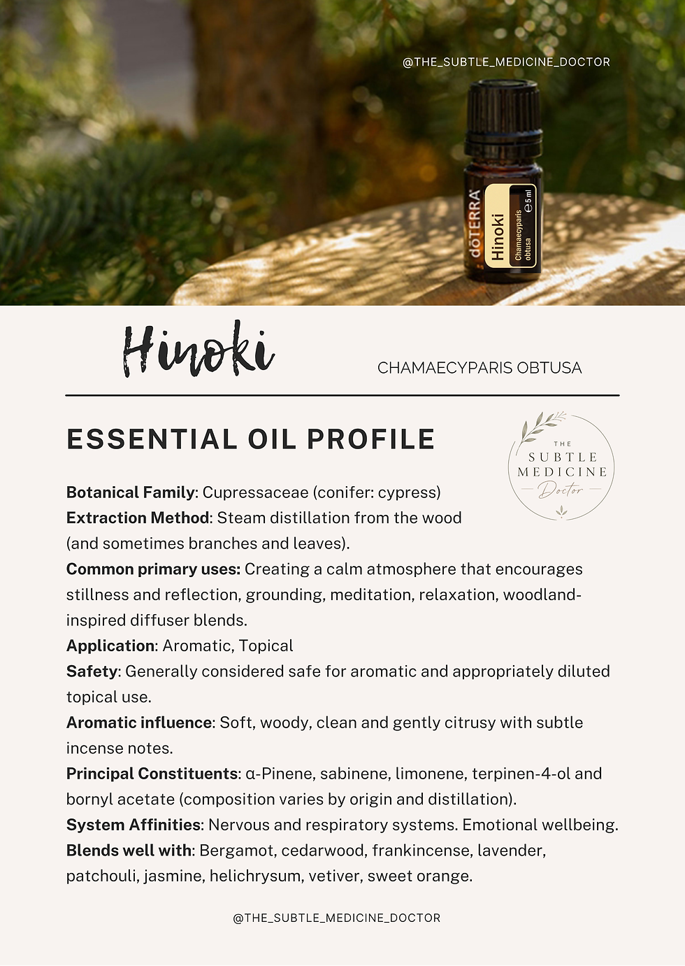 Quick reference guide for Hinoki essential oil featuring botanical family, extraction method, aroma, traditional uses, safety information, system affinities and blending suggestions, with a photograph of a Hinoki essential oil bottle.