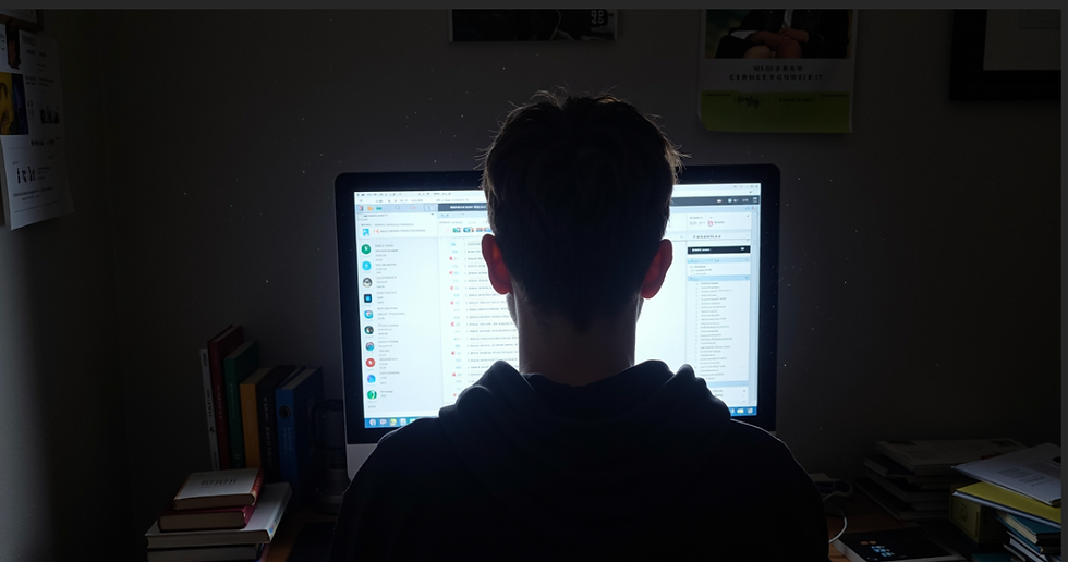 A child sitting at his computer in the dark