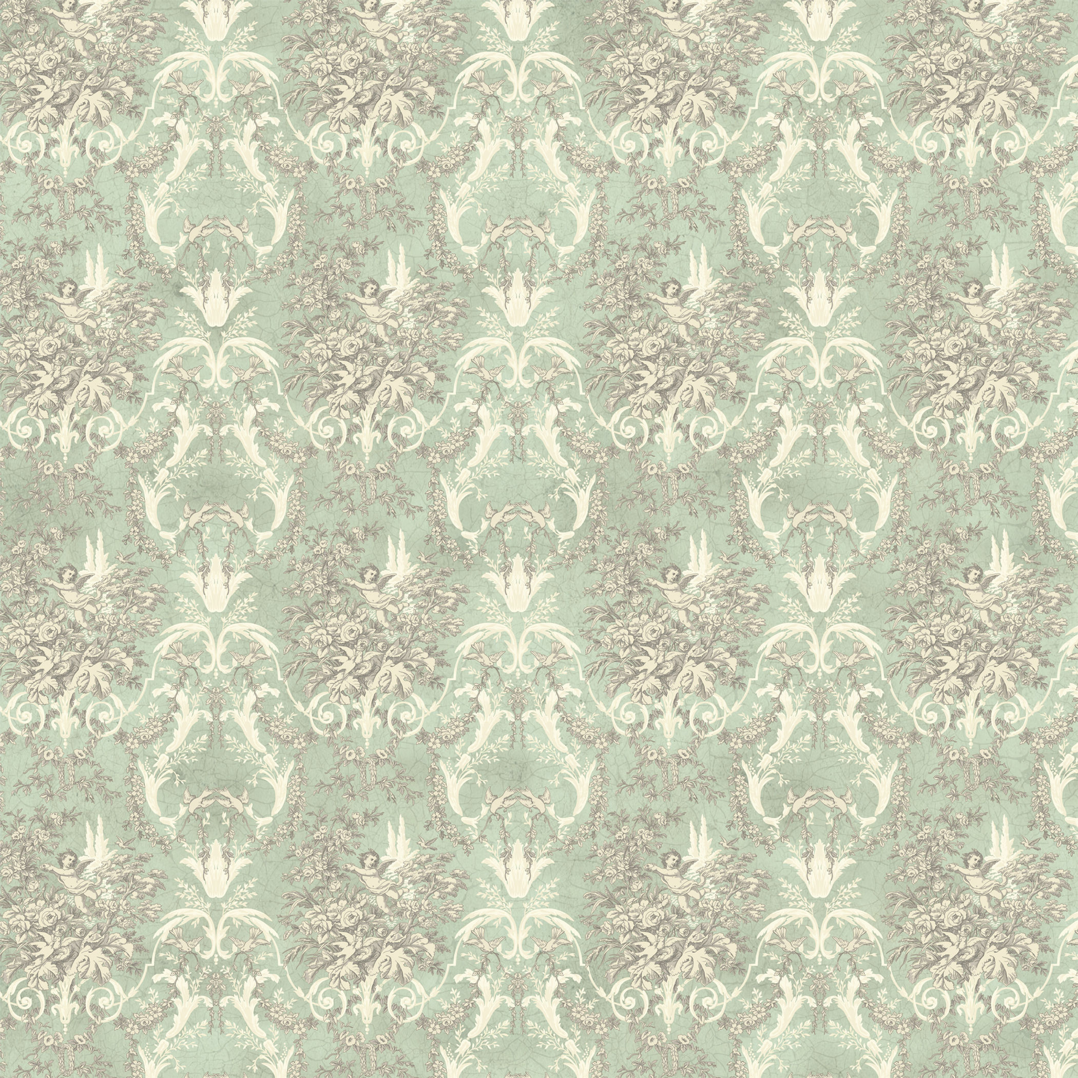 ANTIQUE GREEN Cupid 19th century toile wallpaper 12th scale